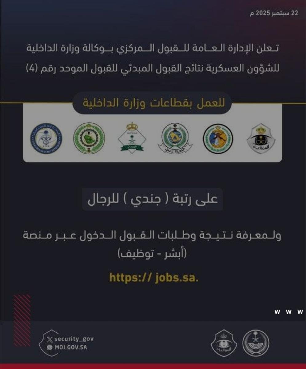 «الداخلية»: إعلان نتائج القبول المبدئي الموحد رقم 4