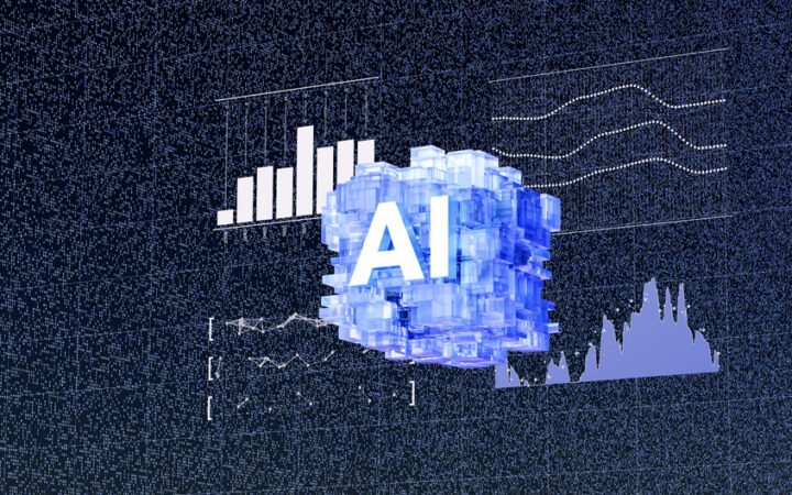 الذكاء الرقمي - أيقونة الذكاء الاصطناعي مضاءة على خلفية بيانات مالية وتدفقات بيانات ثنائية