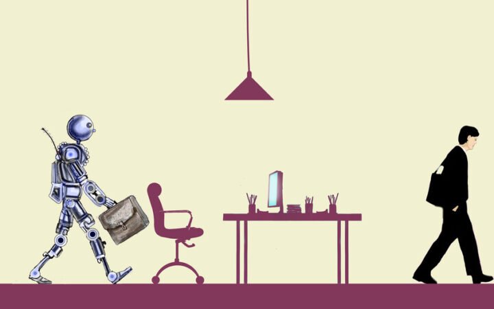 الاستغناء عن البشر لصالح الروبوتات في الوظائف- رسوم فنية رمزية