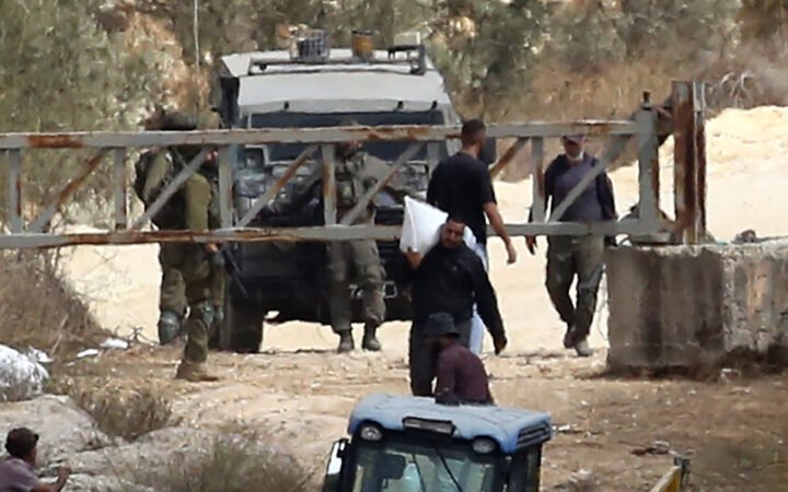 عناصر من الجيش الإسرائيلي وفلسطينيون يحملون أكياس الزيتون